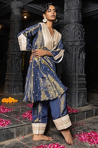 Blue Banarasi Silk Tissue Blend Embroidered Kurta Set by Monk & Mei