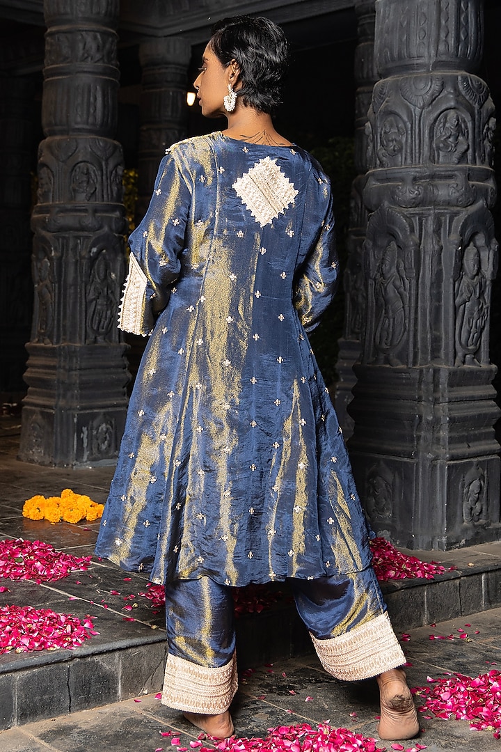 Blue Banarasi Silk Tissue Blend Embroidered Kurta Set by Monk & Mei at Pernia's Pop Up Shop