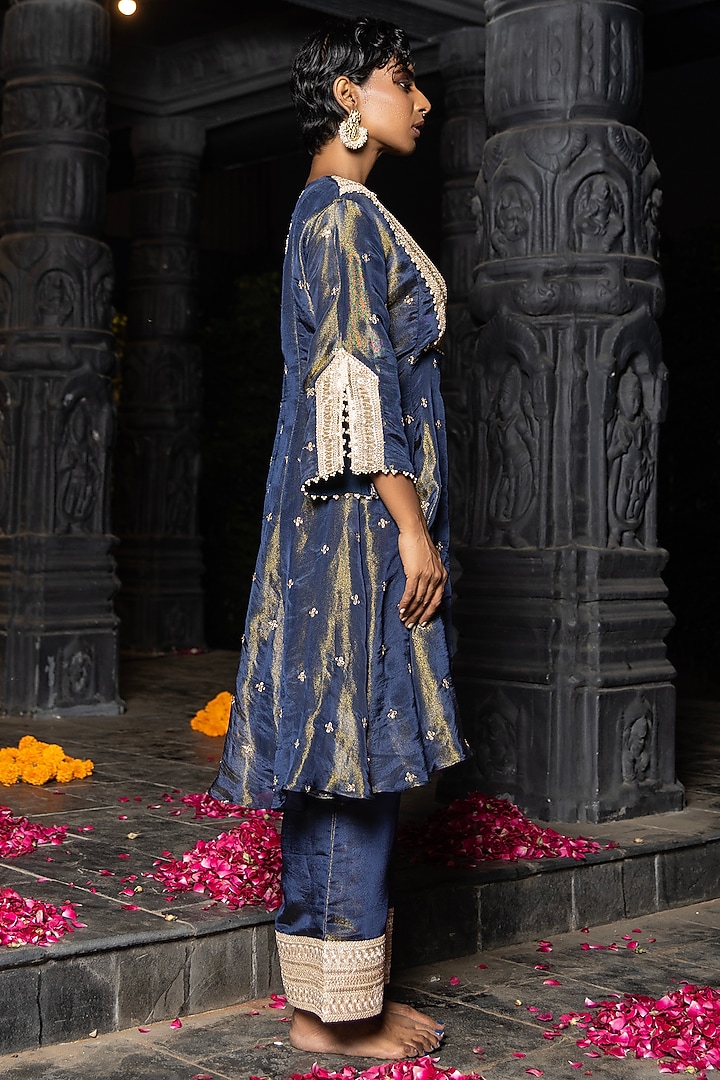 Blue Banarasi Silk Tissue Blend Embroidered Kurta Set by Monk & Mei at Pernia's Pop Up Shop