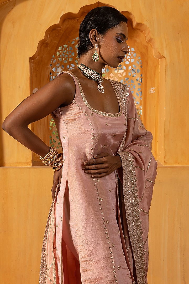 Blush Pink Banarasi Silk Tissue Blend Embroidered Kurta Set by Monk & Mei at Pernia's Pop Up Shop