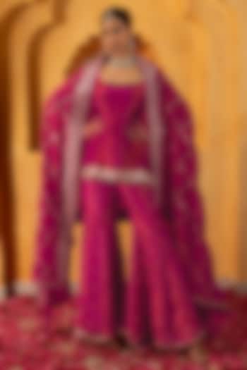 Rani Pink Banarasi Silk Tissue Blend Flared Sharara Set by Monk & Mei at Pernia's Pop Up Shop