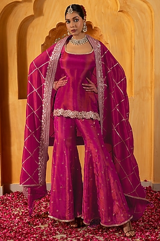Rani Pink Banarasi Silk Tissue Blend Flared Sharara Set by Monk & Mei