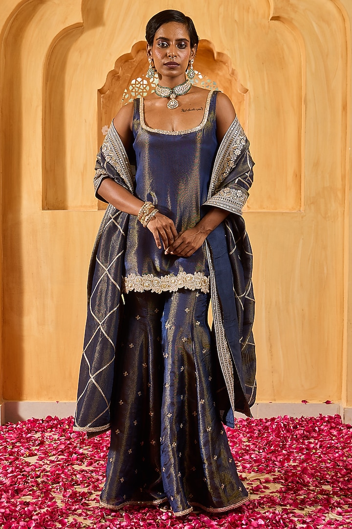 Blue Banarasi Silk Tissue Blend Flared Sharara Set by Monk & Mei at Pernia's Pop Up Shop