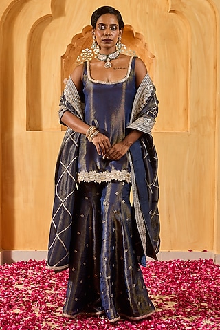 Blue Banarasi Silk Tissue Blend Flared Sharara Set by Monk & Mei
