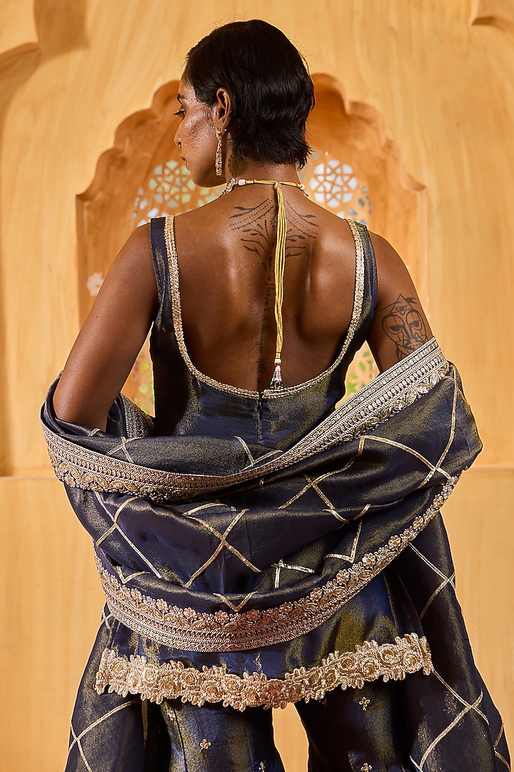 Blue Banarasi Silk Tissue Blend Flared Sharara Set by Monk & Mei at Pernia's Pop Up Shop