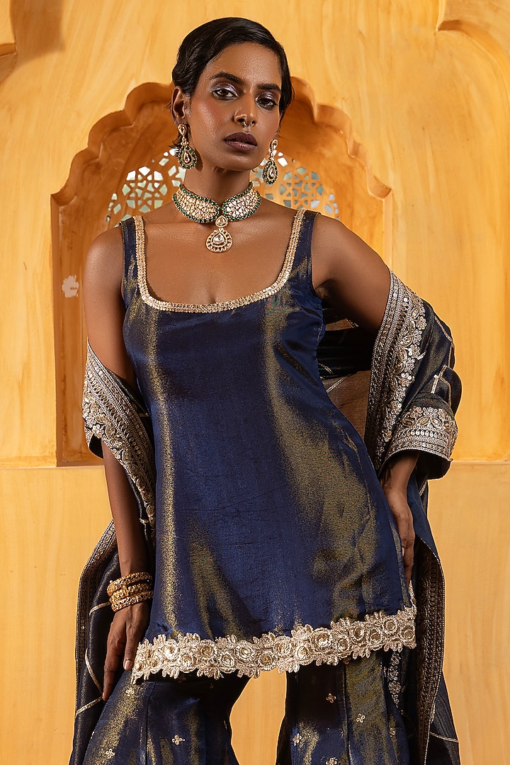 Blue Banarasi Silk Tissue Blend Flared Sharara Set by Monk & Mei at Pernia's Pop Up Shop
