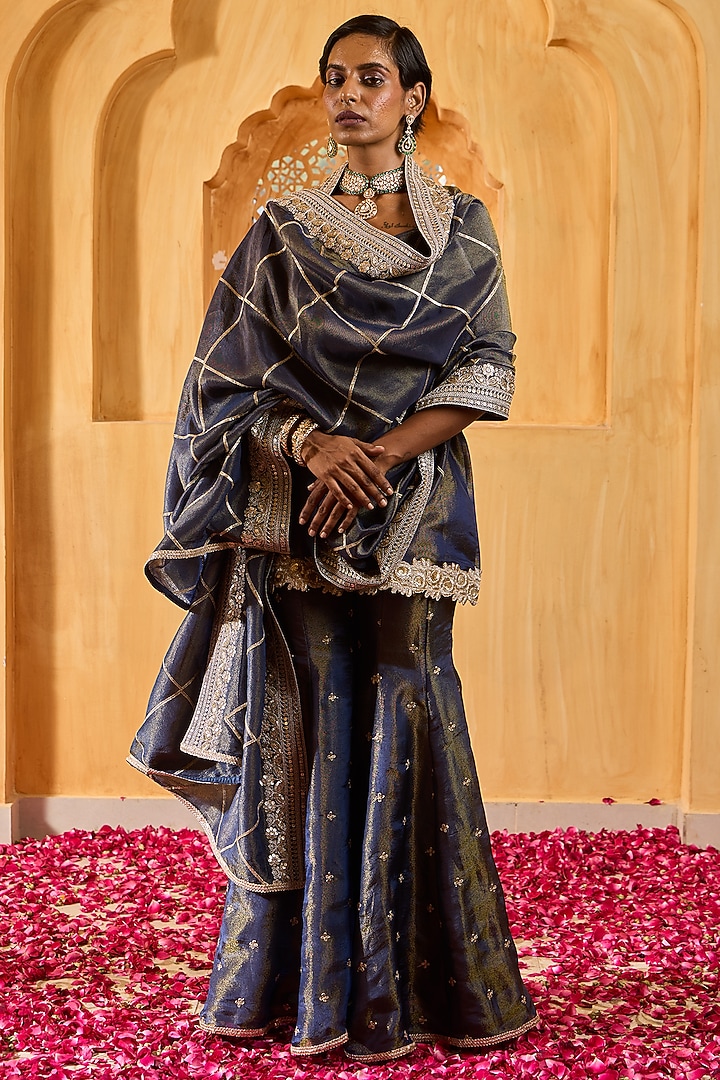 Blue Banarasi Silk Tissue Blend Flared Sharara Set by Monk & Mei at Pernia's Pop Up Shop