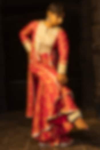 Rani Pink Banarasi Silk Tissue Blend Flared Sharara Set by Monk & Mei at Pernia's Pop Up Shop