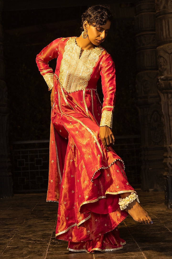 Rani Pink Banarasi Silk Tissue Blend Flared Sharara Set by Monk & Mei at Pernia's Pop Up Shop