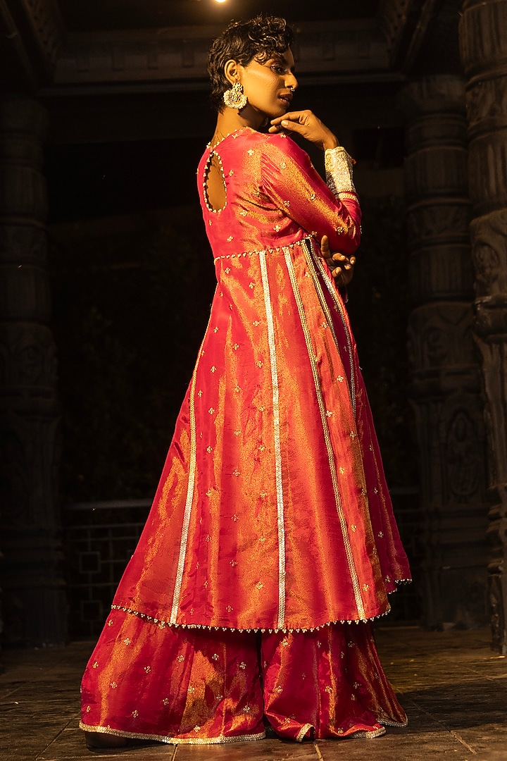 Rani Pink Banarasi Silk Tissue Blend Flared Party Wear Sharara Set by Monk & Mei at Pernia's Pop Up Shop