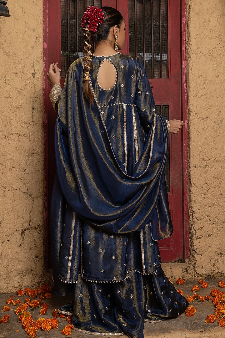Blue Banarasi Silk Tissue Blend Flared Party Wear Sharara Set by Monk & Mei at Pernia's Pop Up Shop