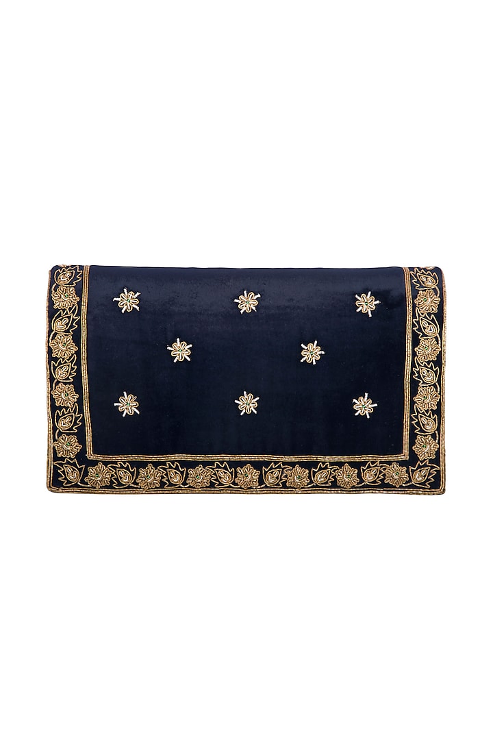 Navy Blue Hand Embroidered & Sewed Taj Clutch by MKNY