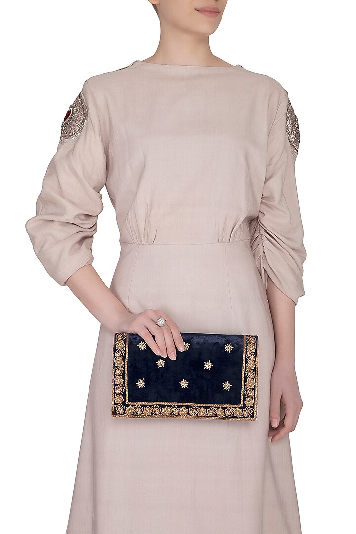 Navy Blue Hand Embroidered & Sewed Taj Clutch by MKNY at Pernia's Pop Up Shop