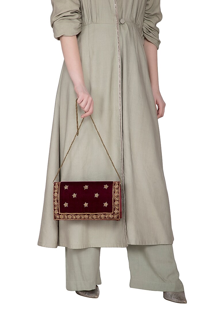 Maroon Hand Embroidered & Sewed Taj Clutch by MKNY at Pernia's Pop Up Shop
