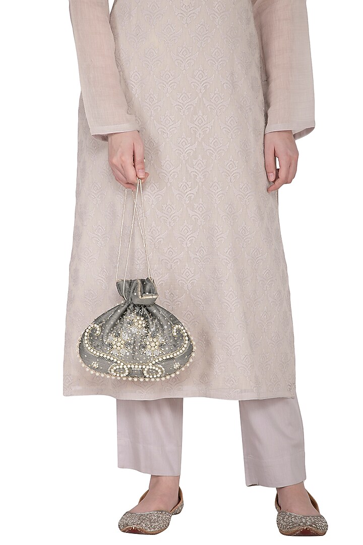 Grey Hand Embroidered Berkshire Potli by MKNY at Pernia's Pop Up Shop