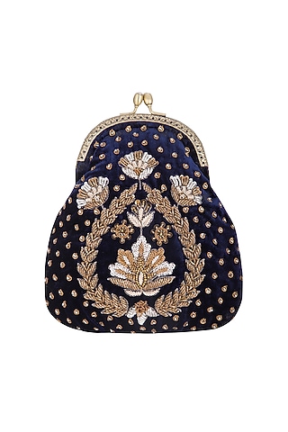Navy Blue Hand Embroidered Half Moon Frame Clutch by MKNY