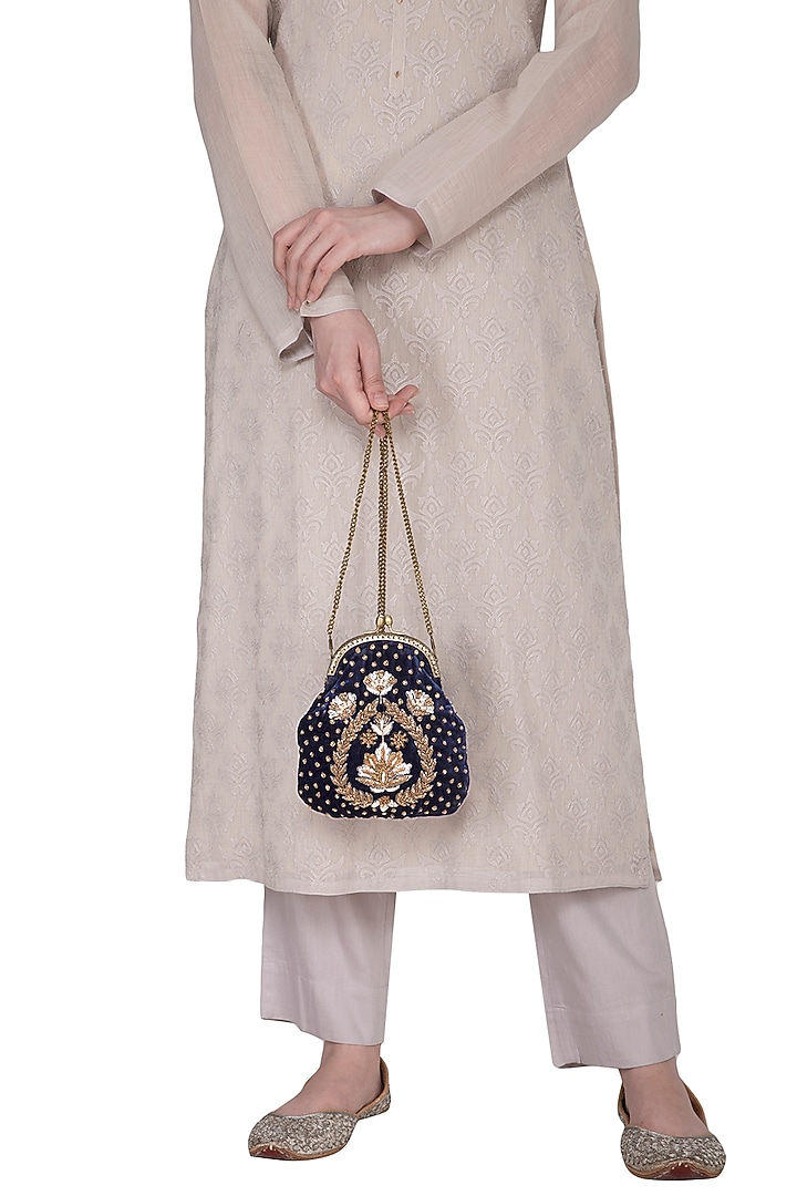 Navy Blue Hand Embroidered Half Moon Frame Clutch by MKNY at Pernia's Pop Up Shop