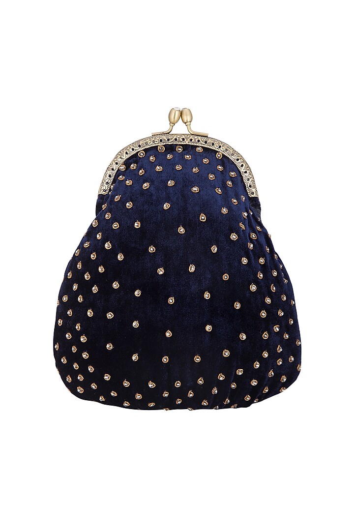 Navy Blue Hand Embroidered Half Moon Frame Clutch by MKNY at Pernia's Pop Up Shop