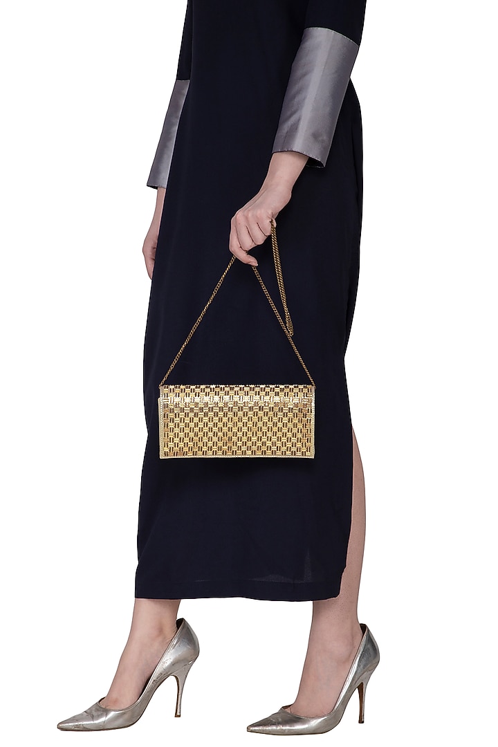Gold Hand Embroidered & Sewed Soho Clutch by MKNY at Pernia's Pop Up Shop