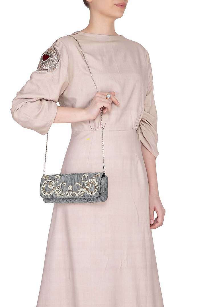 Grey Embroidered Handcrafted Clutch by MKNY at Pernia's Pop Up Shop