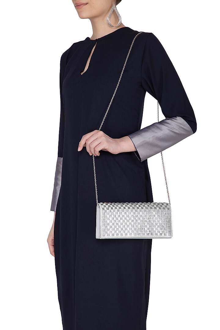 Silver Hand Embroidered & Sewed Soho Clutch by MKNY at Pernia's Pop Up Shop