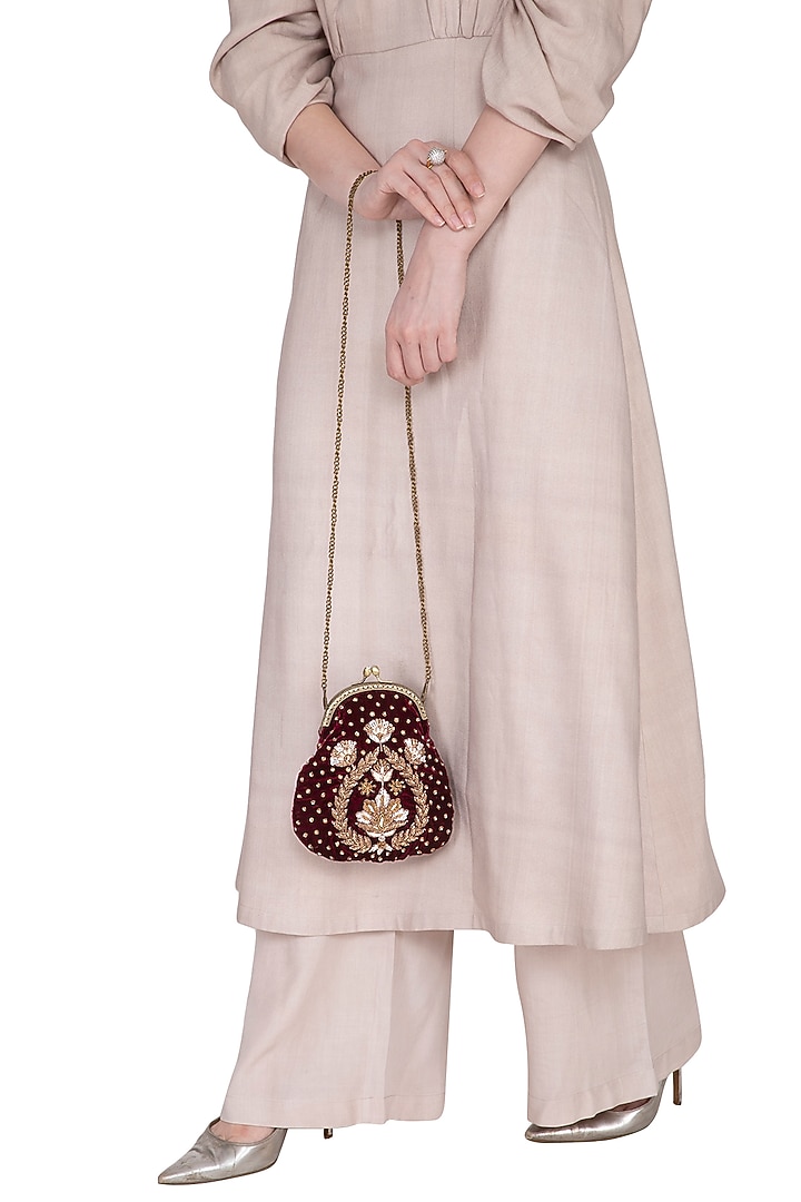Deep Red Hand Embroidered Half Moon Frame Clutch by MKNY at Pernia's Pop Up Shop