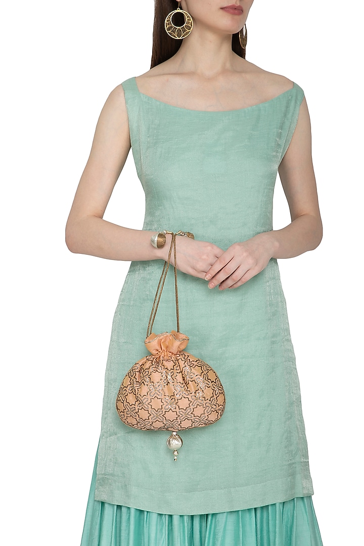 Peach Embroidered Potli Bag by MKNY at Pernia's Pop Up Shop