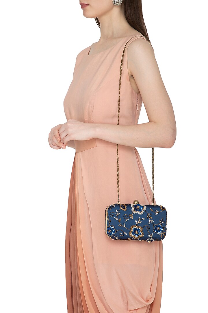 Navy Blue Embroidered Clutch by MKNY at Pernia's Pop Up Shop