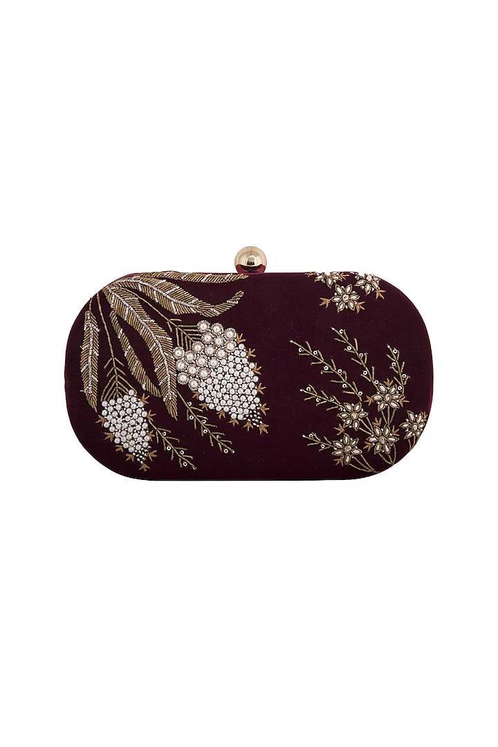 Maroon Hand Embroidered Clutch by MKNY
