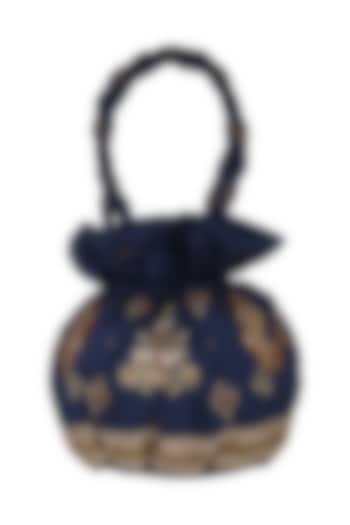 Navy Blue Zardosi Embroidered Potli Bag by MKNY