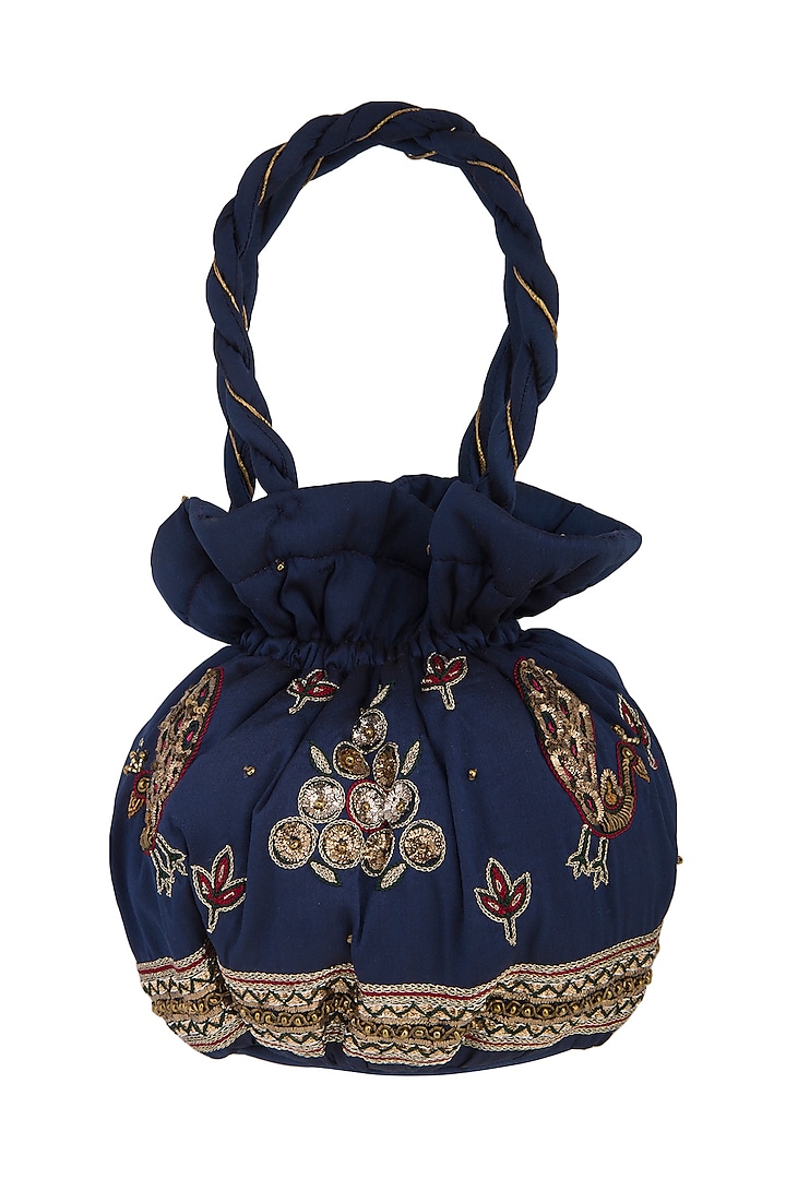 Navy Blue Zardosi Embroidered Potli Bag by MKNY