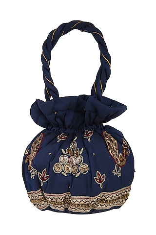 Navy Blue Zardosi Embroidered Potli Bag by MKNY