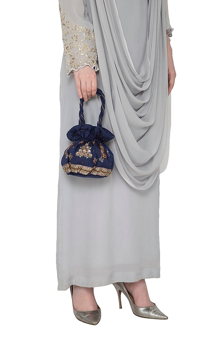 Navy Blue Zardosi Embroidered Potli Bag by MKNY at Pernia's Pop Up Shop