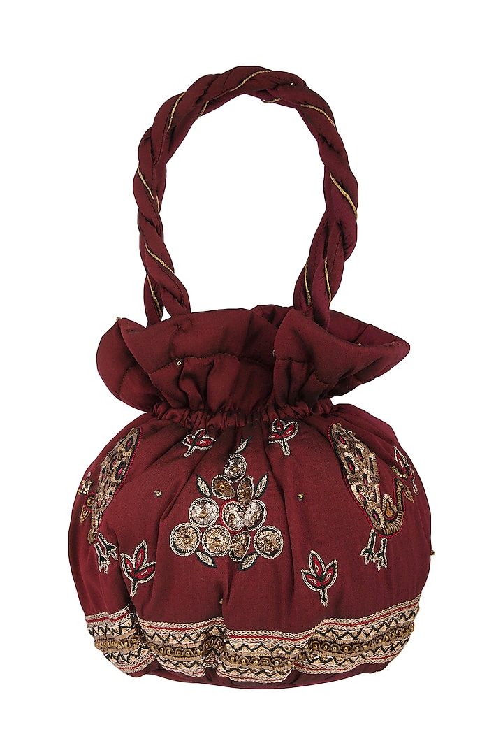 Maroon Hand Embroidered Potli Bag by MKNY
