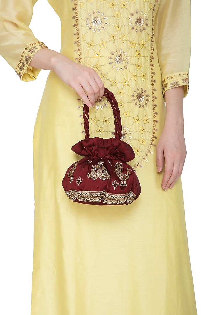 Maroon Hand Embroidered Potli Bag by MKNY at Pernia's Pop Up Shop