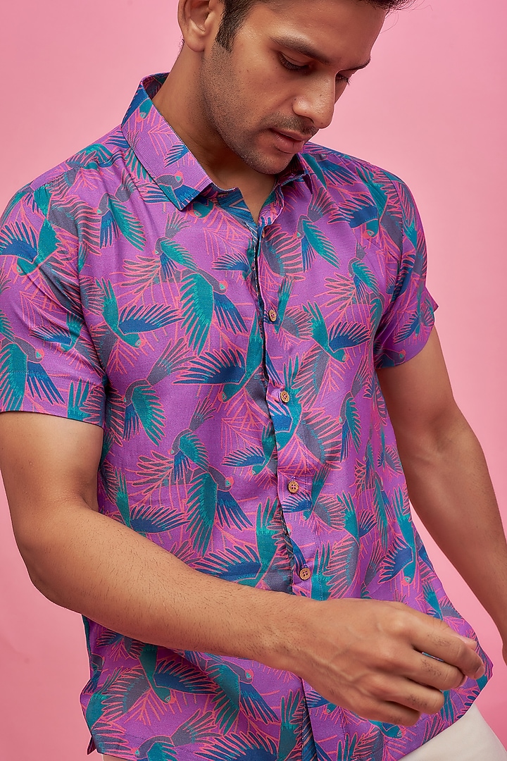 Purple Regenerated Cotton Digital Printed Summer Shirt by MOOHDY at Pernia's Pop Up Shop