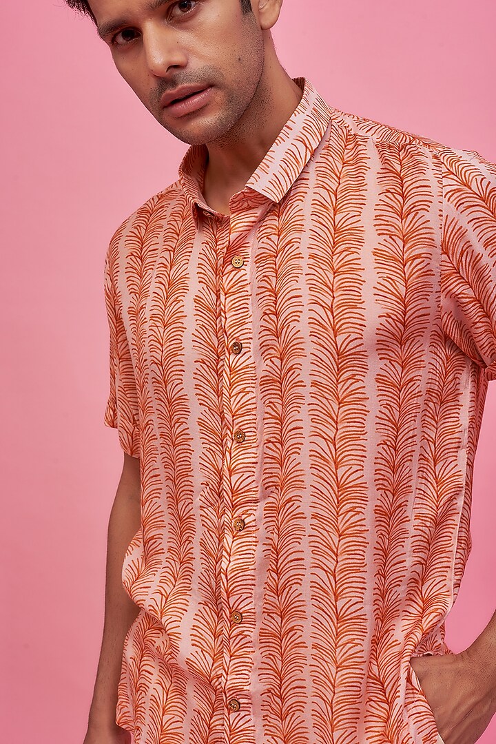 Orange Regenerated Cotton Digital Printed Summer Shirt by MOOHDY at Pernia's Pop Up Shop