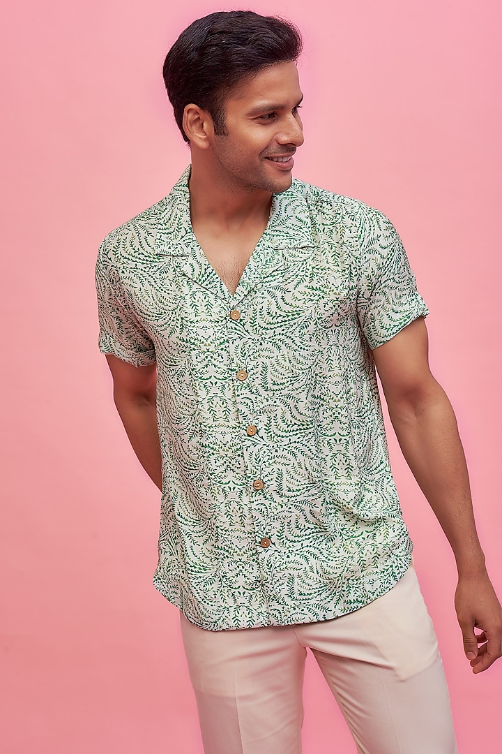 Green Regenerated Cotton Digital Printed Shirt by MOOHDY