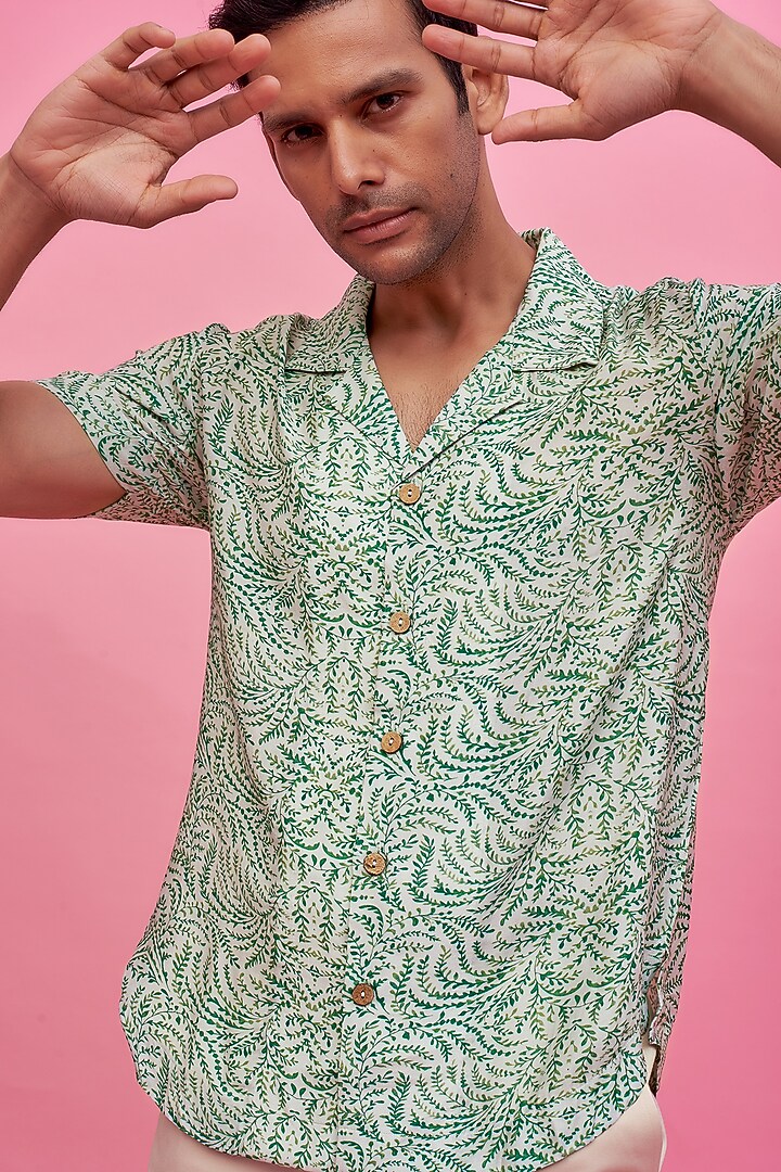 Green Regenerated Cotton Digital Printed Summer Shirt by MOOHDY at Pernia's Pop Up Shop