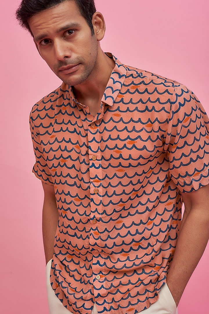 Peach Regenerated Cotton Digital Printed Summer Shirt by MOOHDY at Pernia's Pop Up Shop