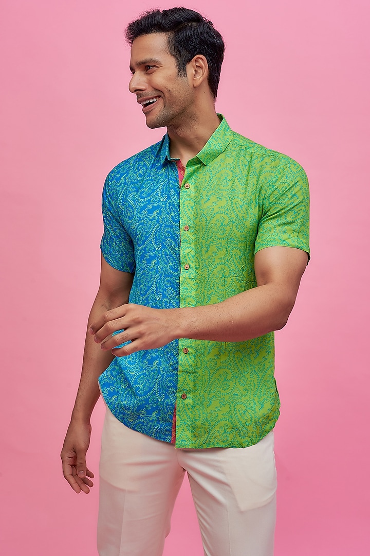 Blue & Green Regenerated Cotton Digital Printed Shirt by MOOHDY