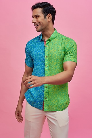 Blue & Green Regenerated Cotton Digital Printed Shirt by MOOHDY