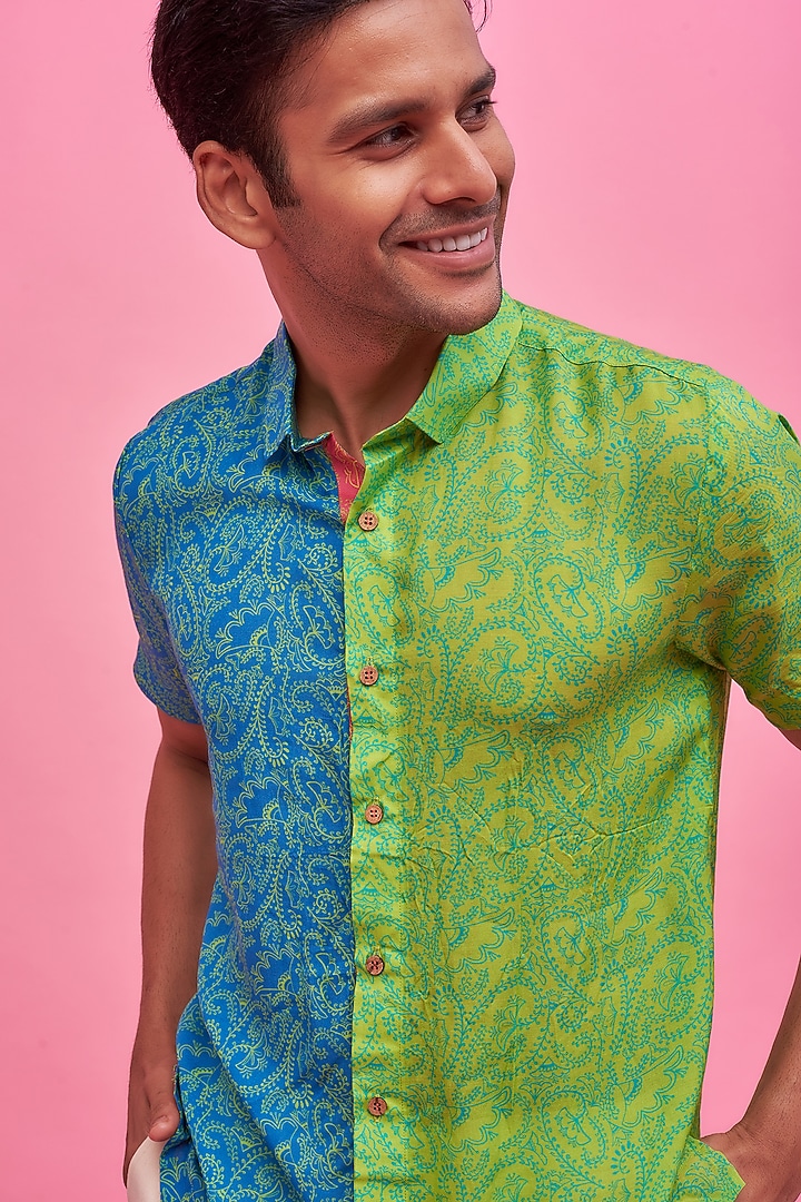 Blue & Green Regenerated Cotton Digital Printed Summer Shirt by MOOHDY at Pernia's Pop Up Shop