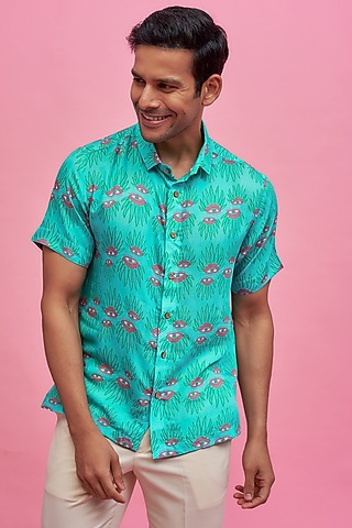 Blue Regenerated Cotton Digital Printed Shirt by MOOHDY