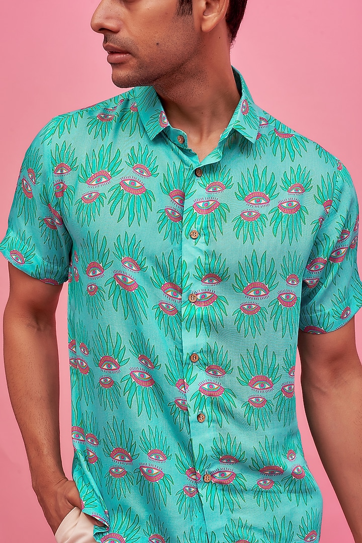 Blue Regenerated Cotton Digital Printed Summer Shirt by MOOHDY at Pernia's Pop Up Shop