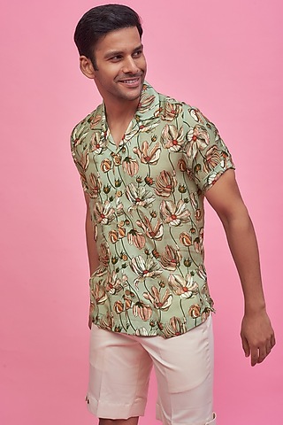 Green Regenerated Cotton Digital Printed Shirt by MOOHDY