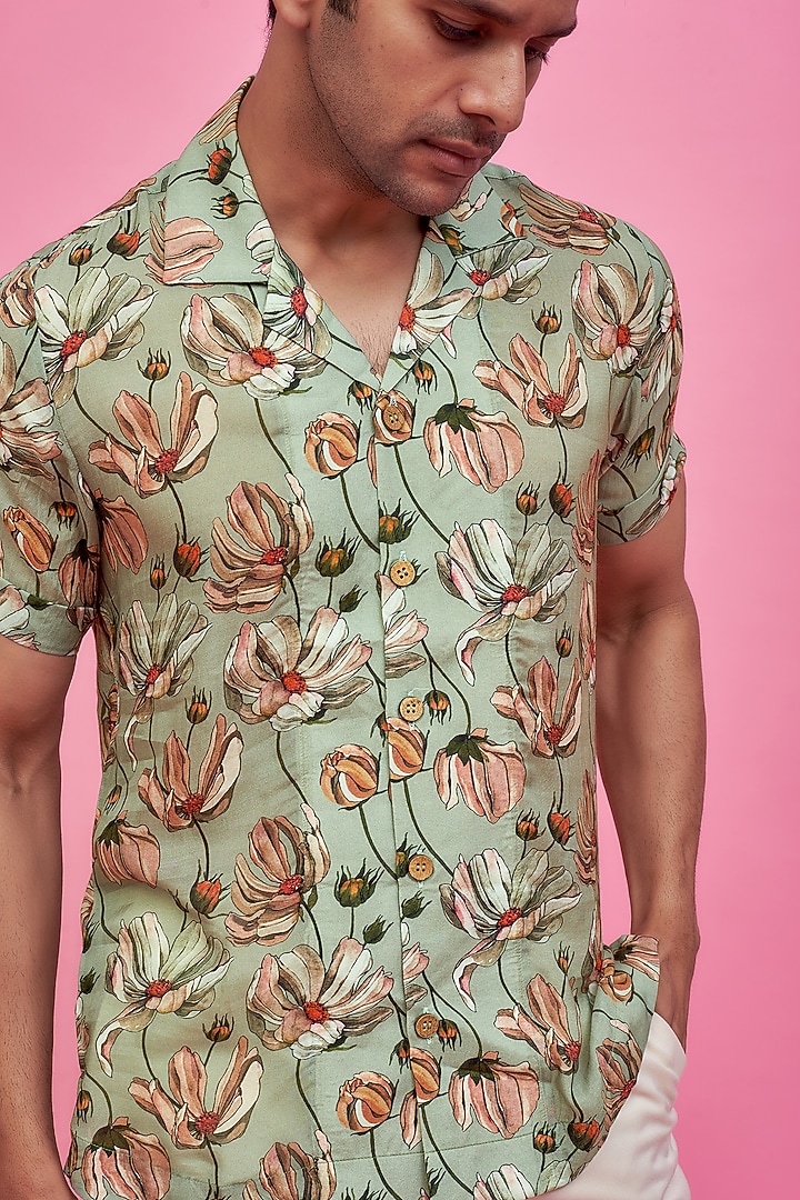 Green Regenerated Cotton Digital Printed Summer Shirt by MOOHDY at Pernia's Pop Up Shop
