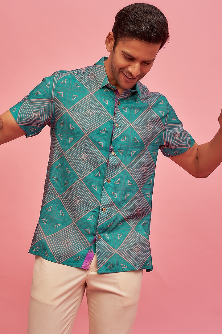 Blue Regenerated Cotton Digital Printed Shirt by MOOHDY