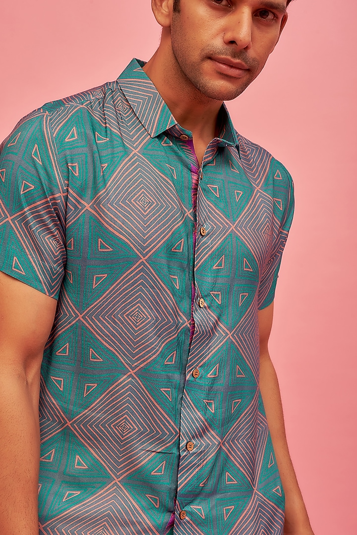 Blue Regenerated Cotton Digital Printed Summer Shirt by MOOHDY at Pernia's Pop Up Shop