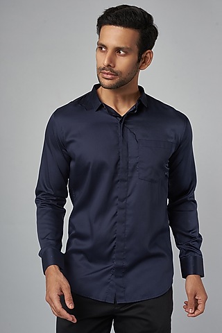 Midnight Blue Cotton & Silk Shirt by 28 Moons
